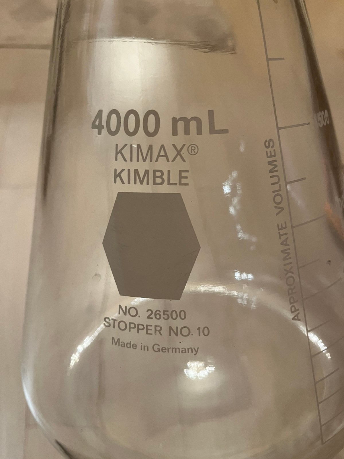 Kimble Kimax 4000 ml Erlenmeyer flask 4L 26500 stopper 10 graduated