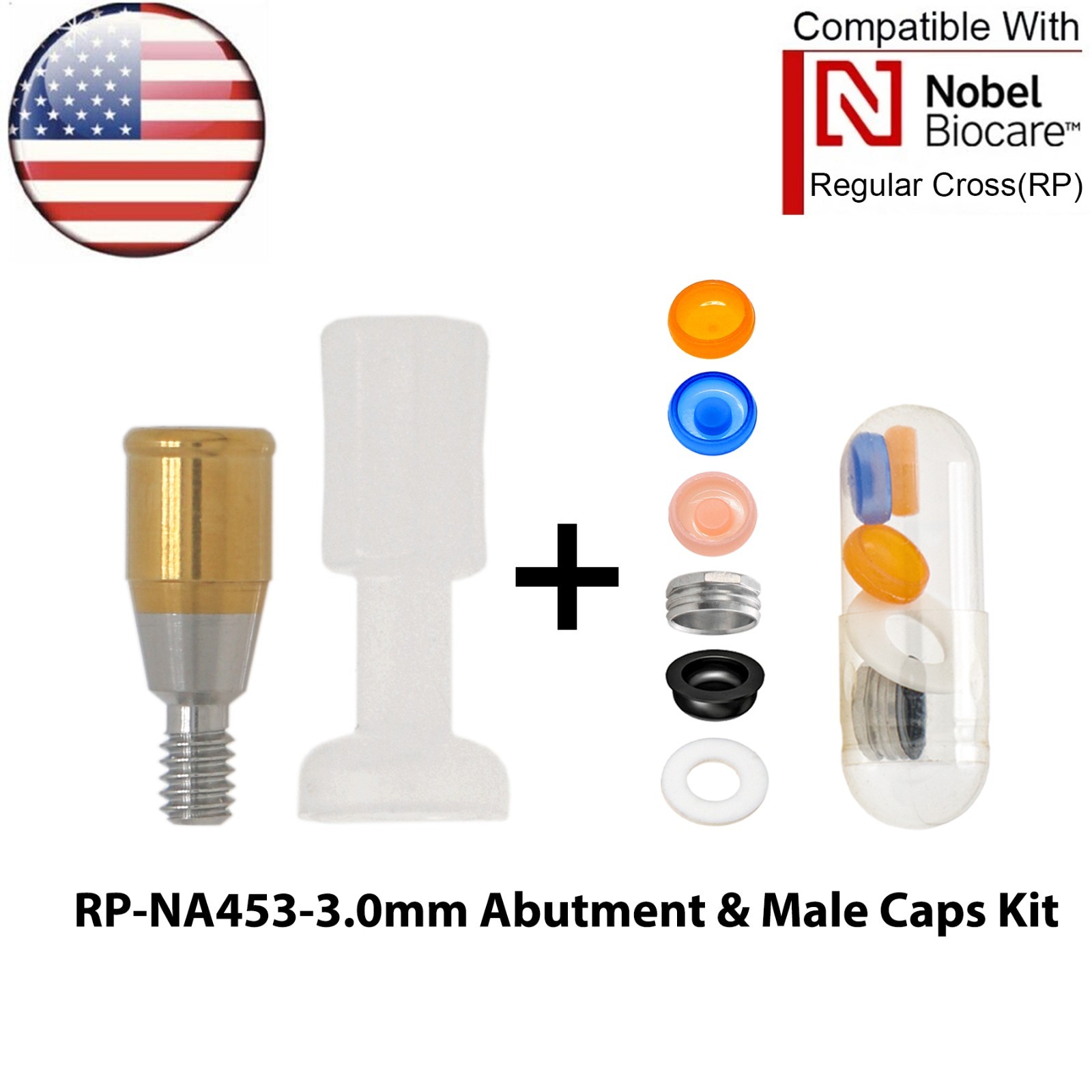 US Dental Locator Abutment Fits Nobel Active NP/RP 1-5.0mm GH & Male Caps Kit