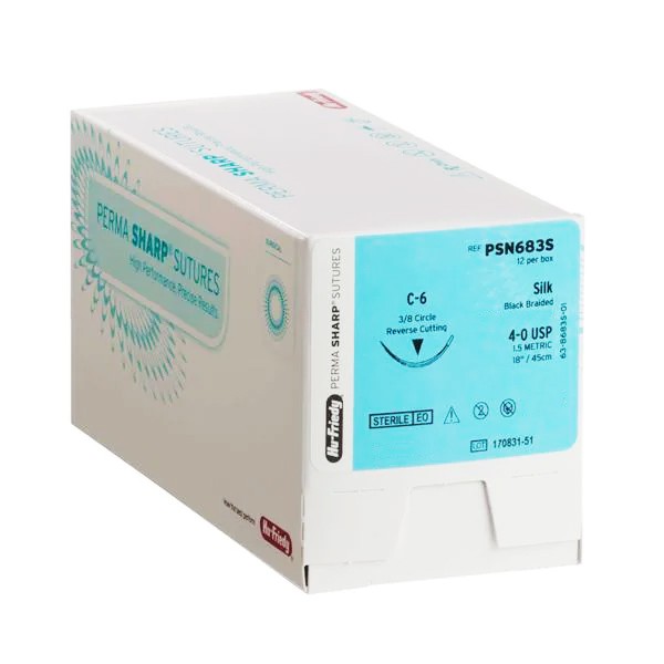 Hu-Friedy PSN683S Perma Sharp Silk Black Braided Sutures C-6 4/0 18″ 12/Bx