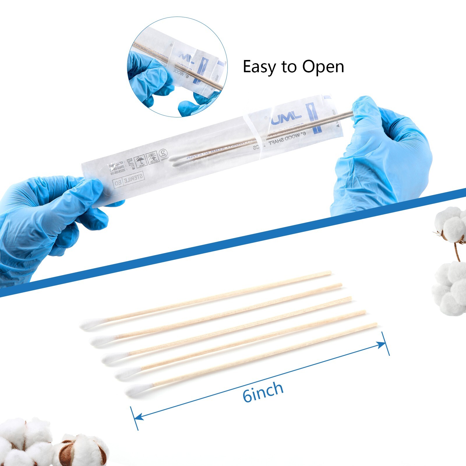 200Pcs JMU 6 Inch Sterile Cotton Tipped Applicators Long Medical Cotton Swabs