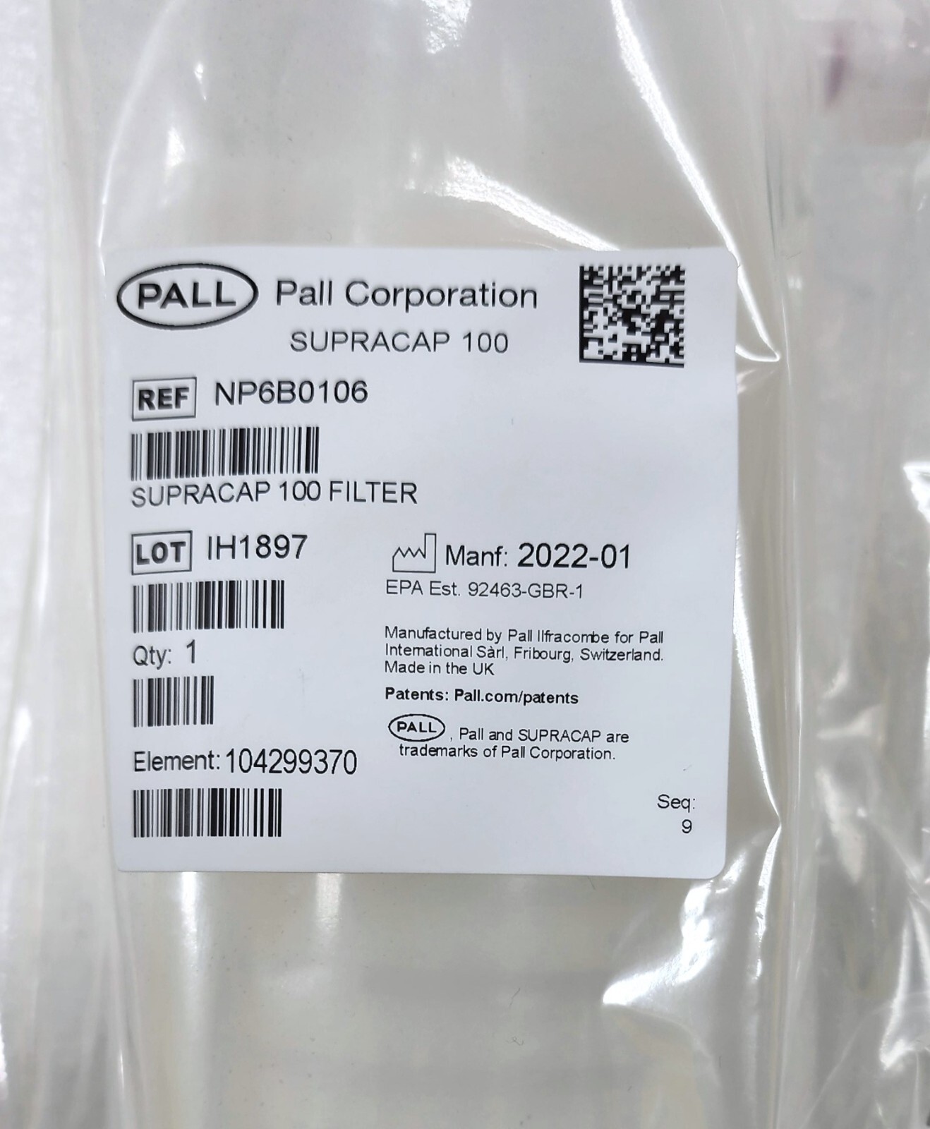 CYTIVA / PALL NP6B0106 Supracap 100 depth filter capsule, in-line style, 10 in