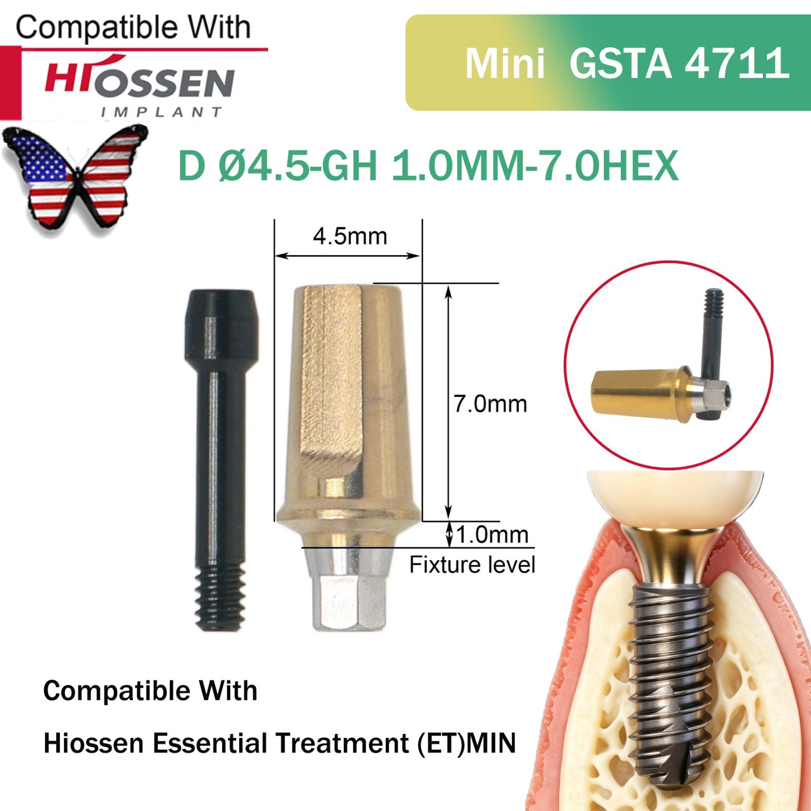 US Straight Abutment Fit Osstem Hiossen ET Mini Φ4.5 Cement Retained GH 1-5.0mm