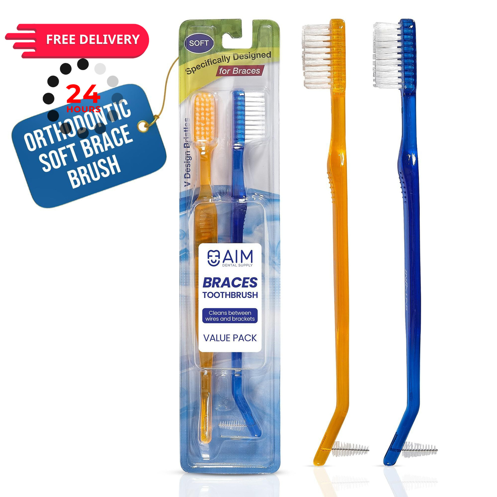 AIM DENTAL SUPPLY Toothbrush for Braces, Soft Head 1 Count (Pack of 2), Tan