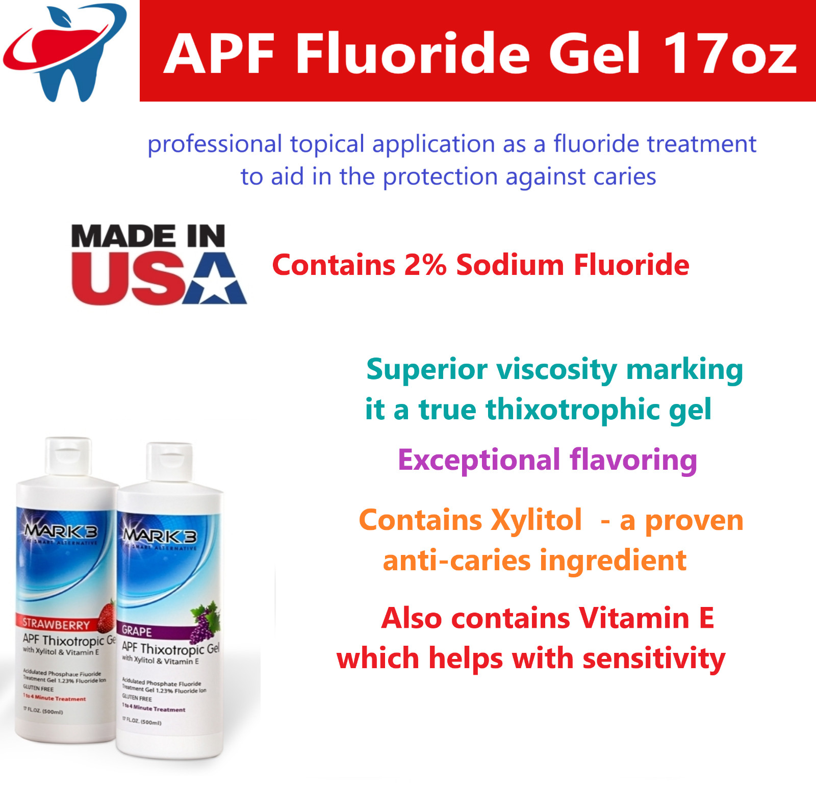 2/Pk Dental Flouride Gel APF Thixotrophic Fluoride 1.23% 17 Oz,CHERRY, 2 Btl