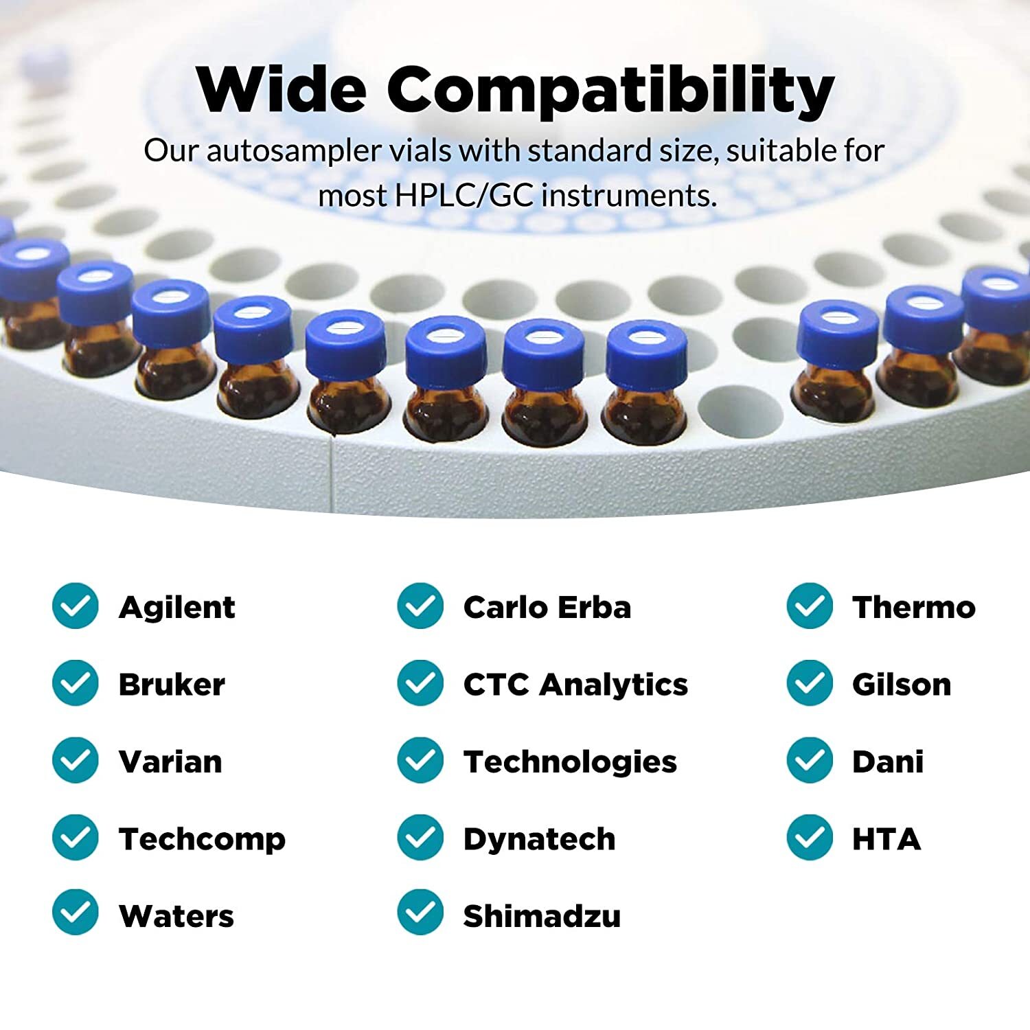 600-2ml HPLC Vials, 9-425 Lab Clear Vials 9mm Blue ABS Screw Caps & Septa for GC