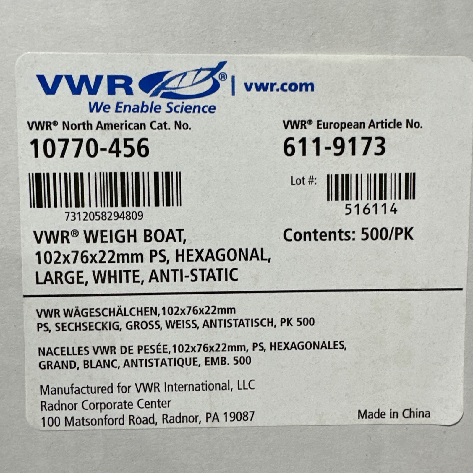 VWR 10770-456 Weigh Boat (Case of 500) 102x76x22mm *New*