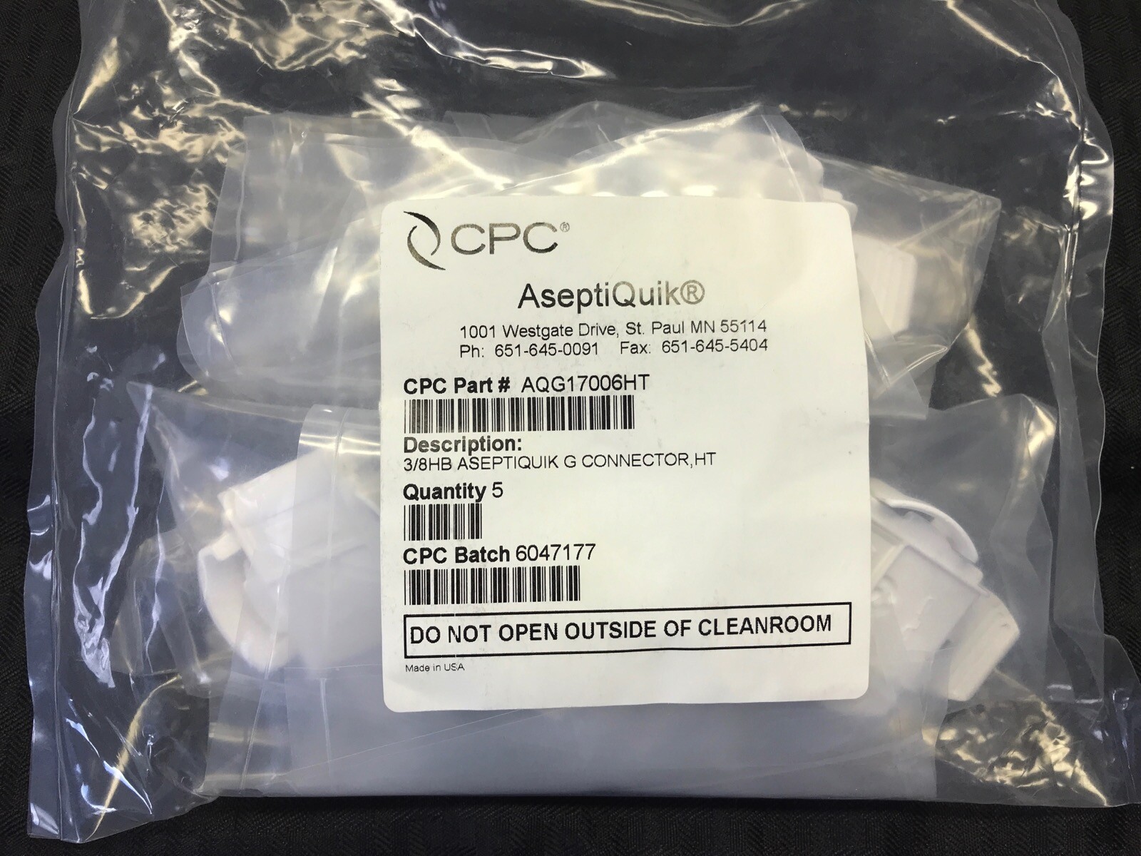 (5/Pack) CPC AseptiQuik G Connector Body 3/8” Hose Barb PC Non-Valved High Temp