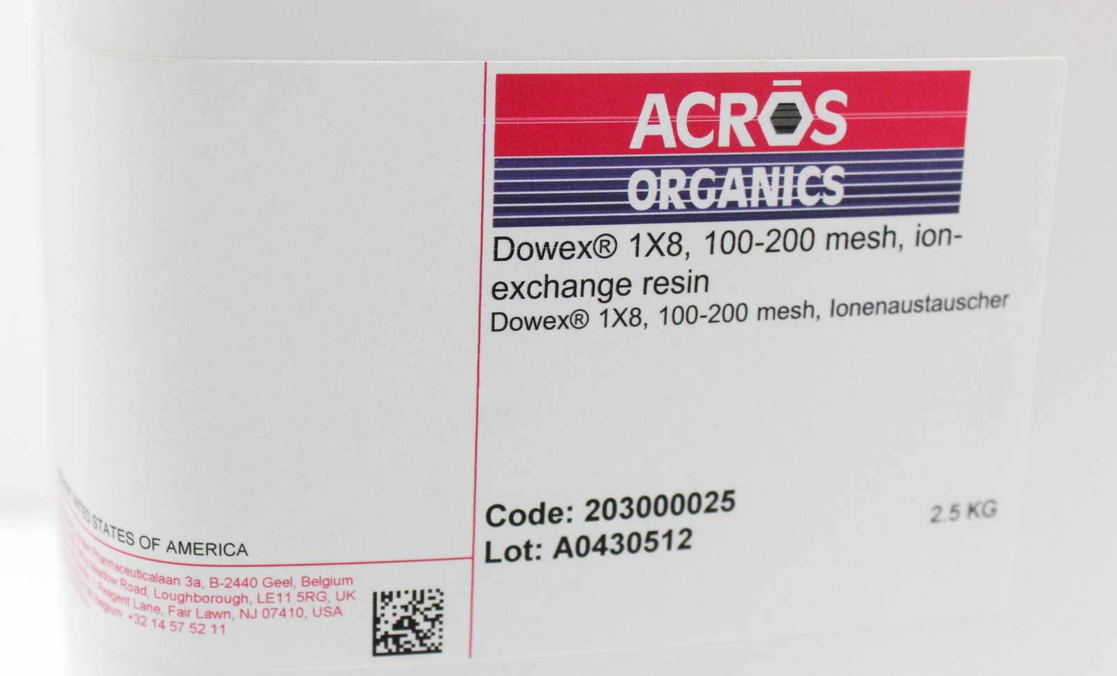 Acros Organics Dowex 1X8 Ion-Exchange Resin 2.5Kg 100-200 Mesh (3320085857)