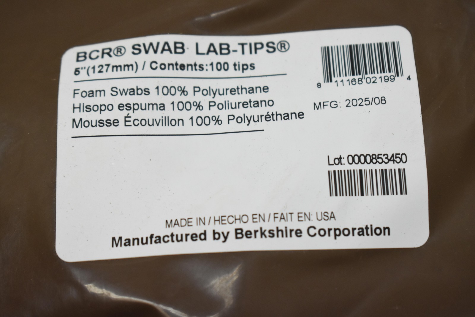 Berkshire BCR Swab Lab-Tips 5in Foam Swabs 100% Polyurethane 100 Tips USA