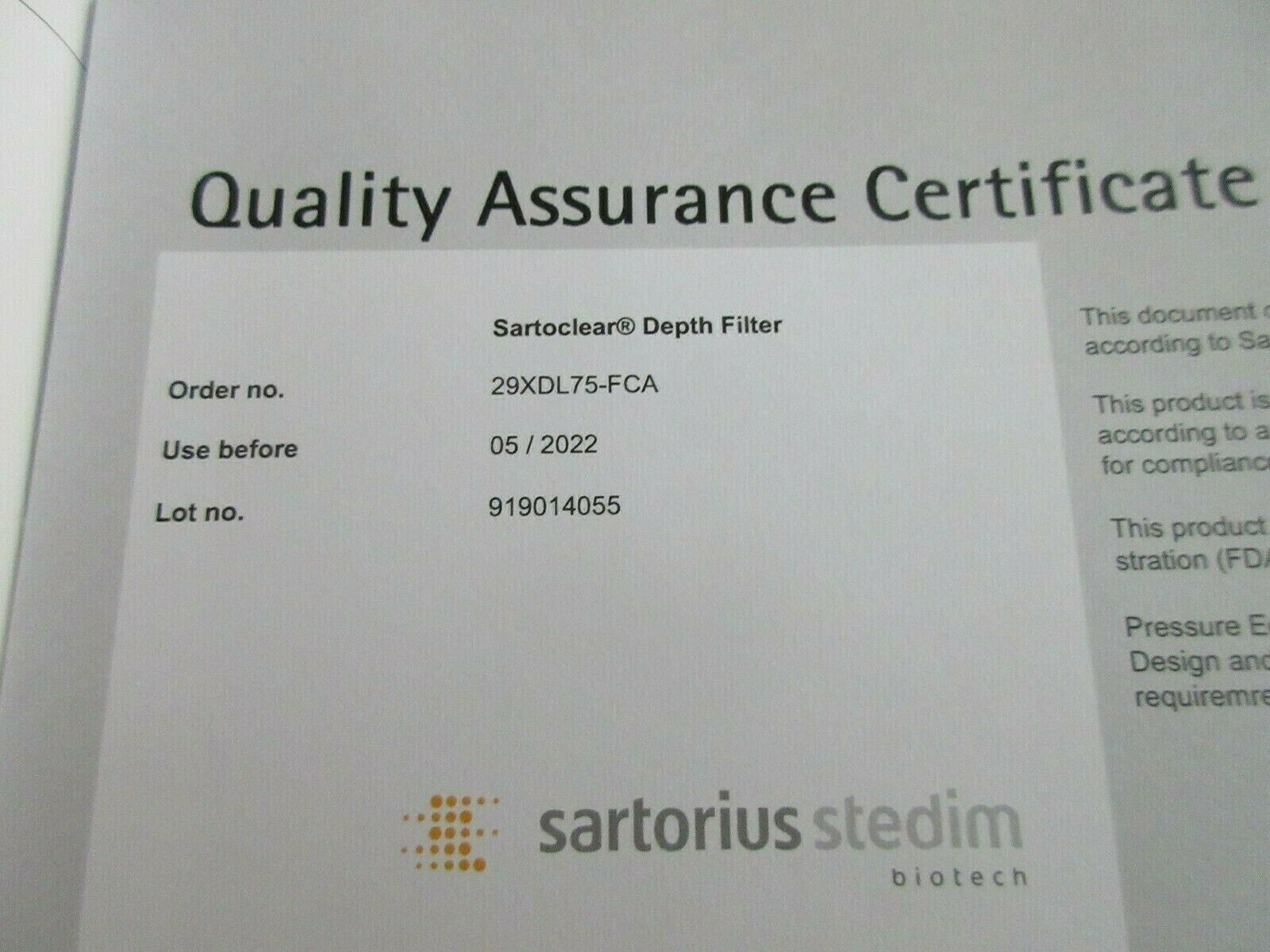 SARTORIUS STEDIM 29XDL75-FCA SARTOCLEAR DL75 DEPTH FILTER CASSETTE EXP 2022