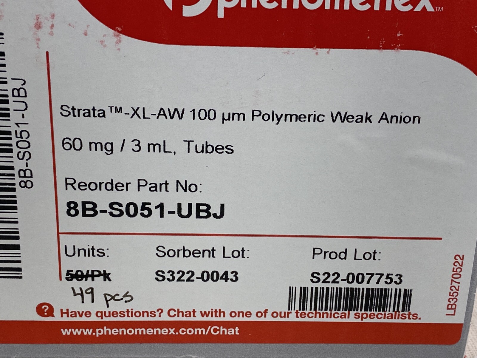 (49) PHENOMENEX Strata-XL-AW 100um Polymeric Weak Anion 3mL Tubes 8B-S051-UBJ