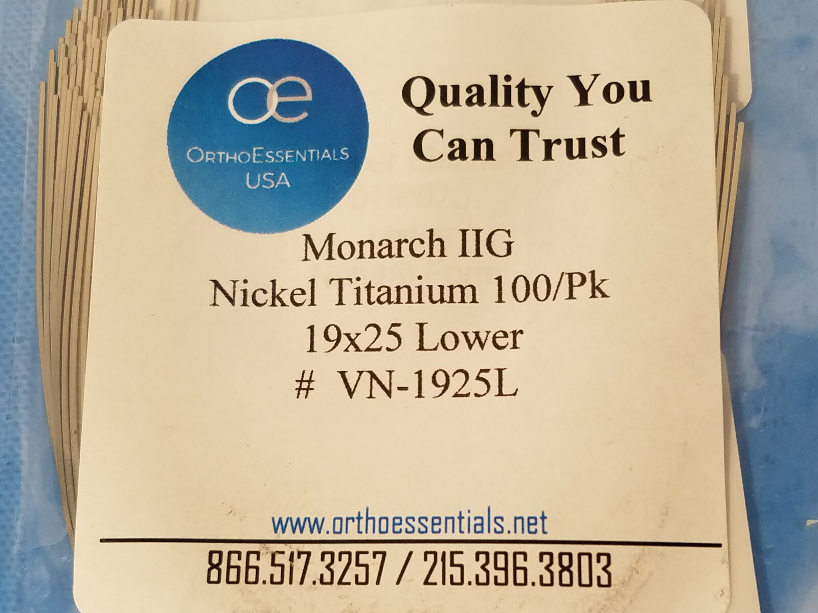 OrthoEssentials Monarch IIG VN-1925L Nickel Titanium 19X25 Lower 100/Pk