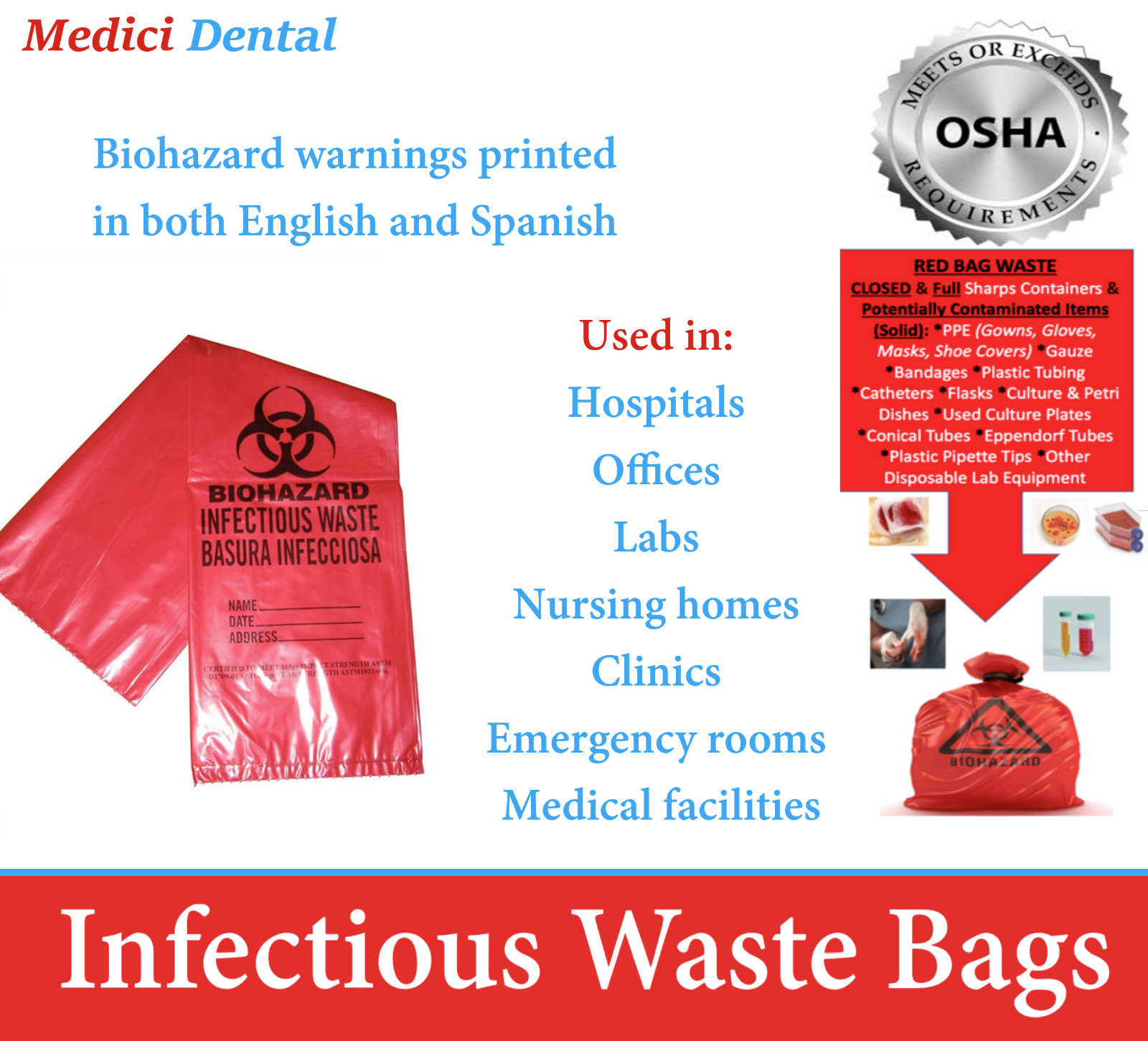 BIOHAZARD Infectious Waste Bags Red Adhesive Bag, Meets OSHA requirement
