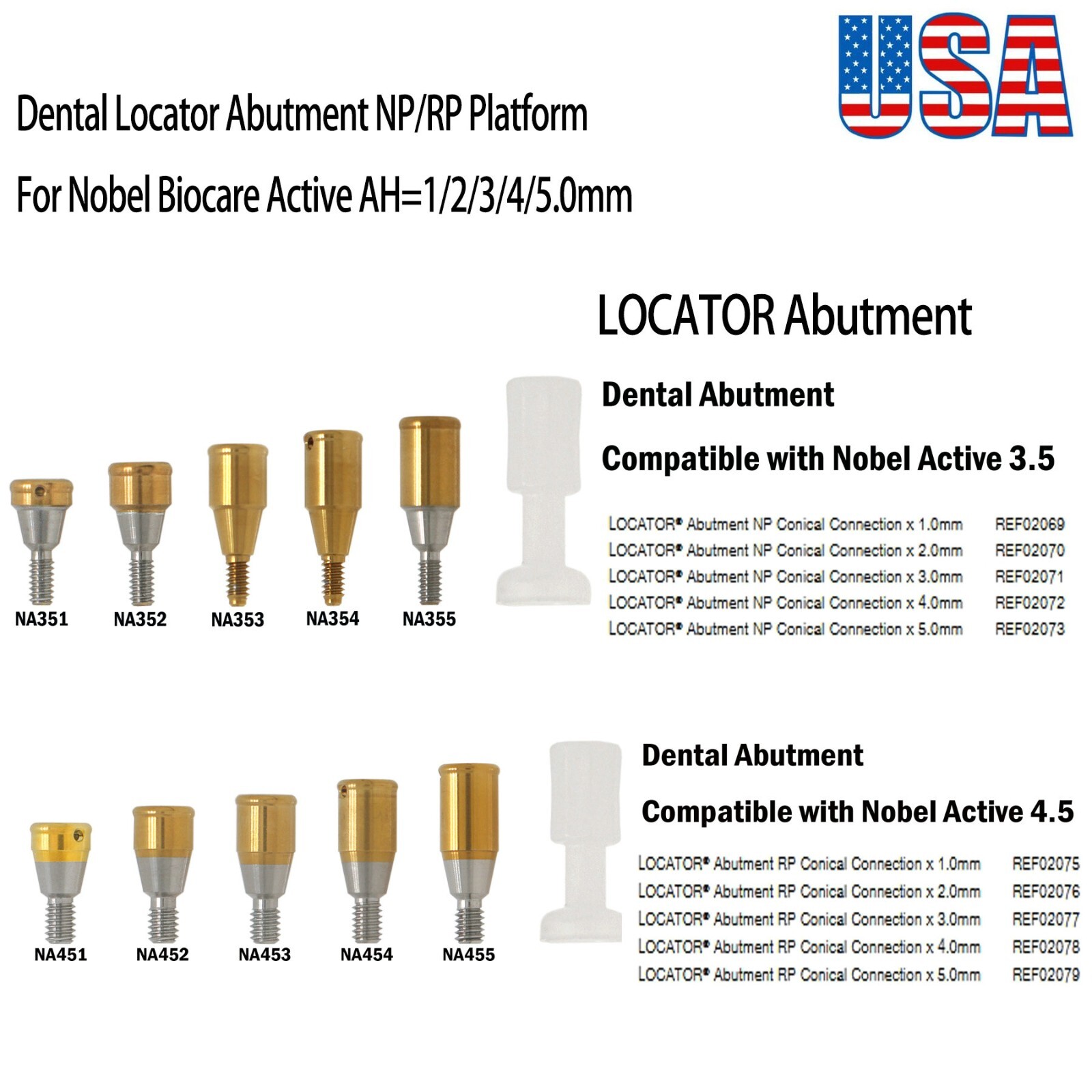 US Dental Locator Abutment Nobel Biocare Active NP/RP Conical Titanium 1.0-5.0mm