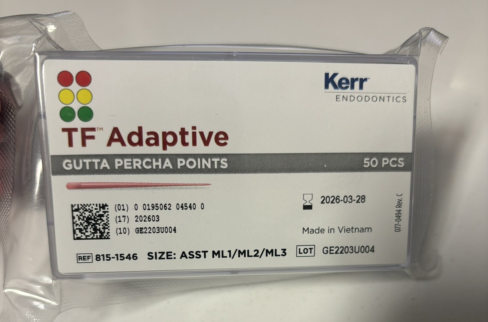 Kerr 815-1546 SybronEndo TF Adaptive Gutta Percha Points Asstd ML1 ML2 ML3 50/Pk