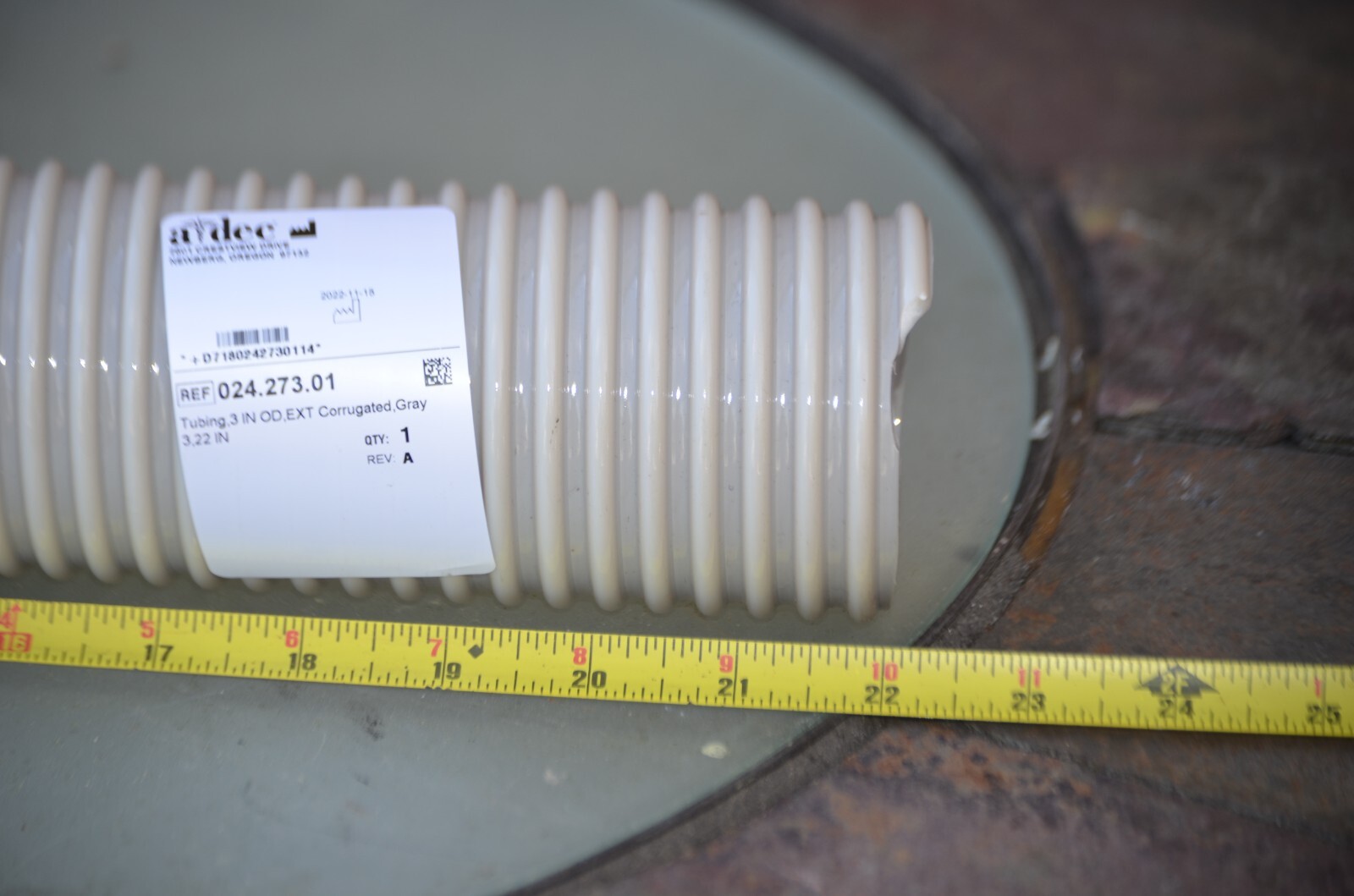 Adec Tubing 3 IN OD, EXT Corrugated, Gray, Length 22″, REF# 024.273.01
