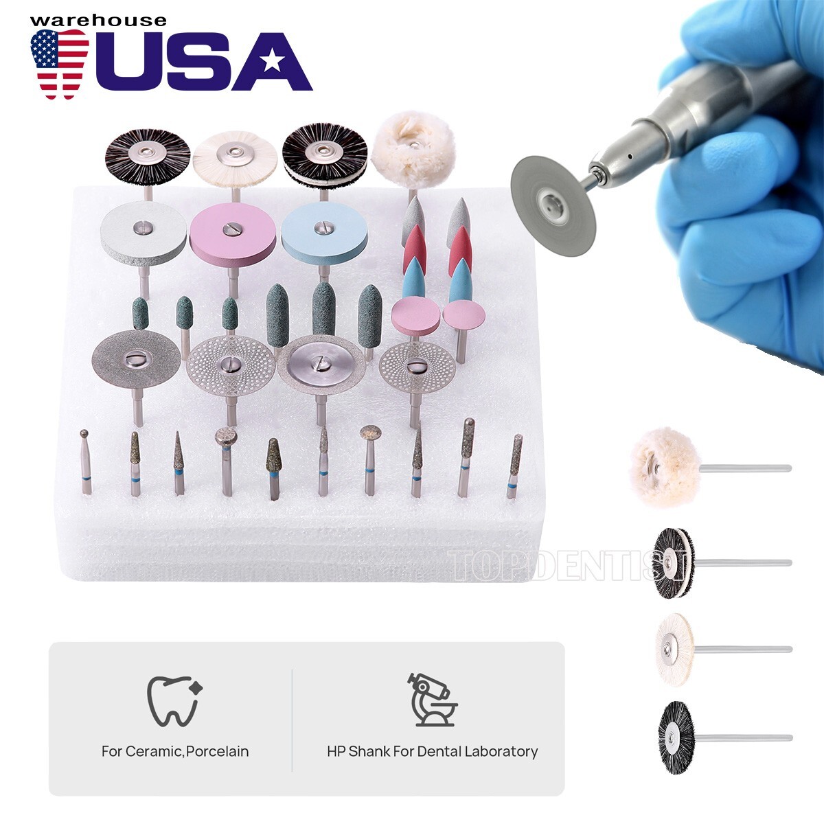 Dental Diamond Burs Polishing Brushes HP Polishers Stone Silicon Wheel Discs Kit
