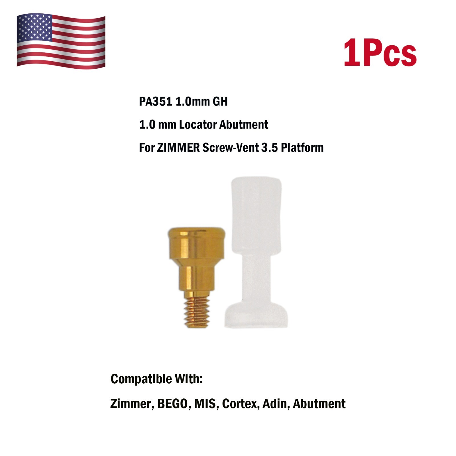 US Dental Implant Locators Male Cap Screw-Vent 1.0mmGH Ø3.5mm For Zimmer Adin