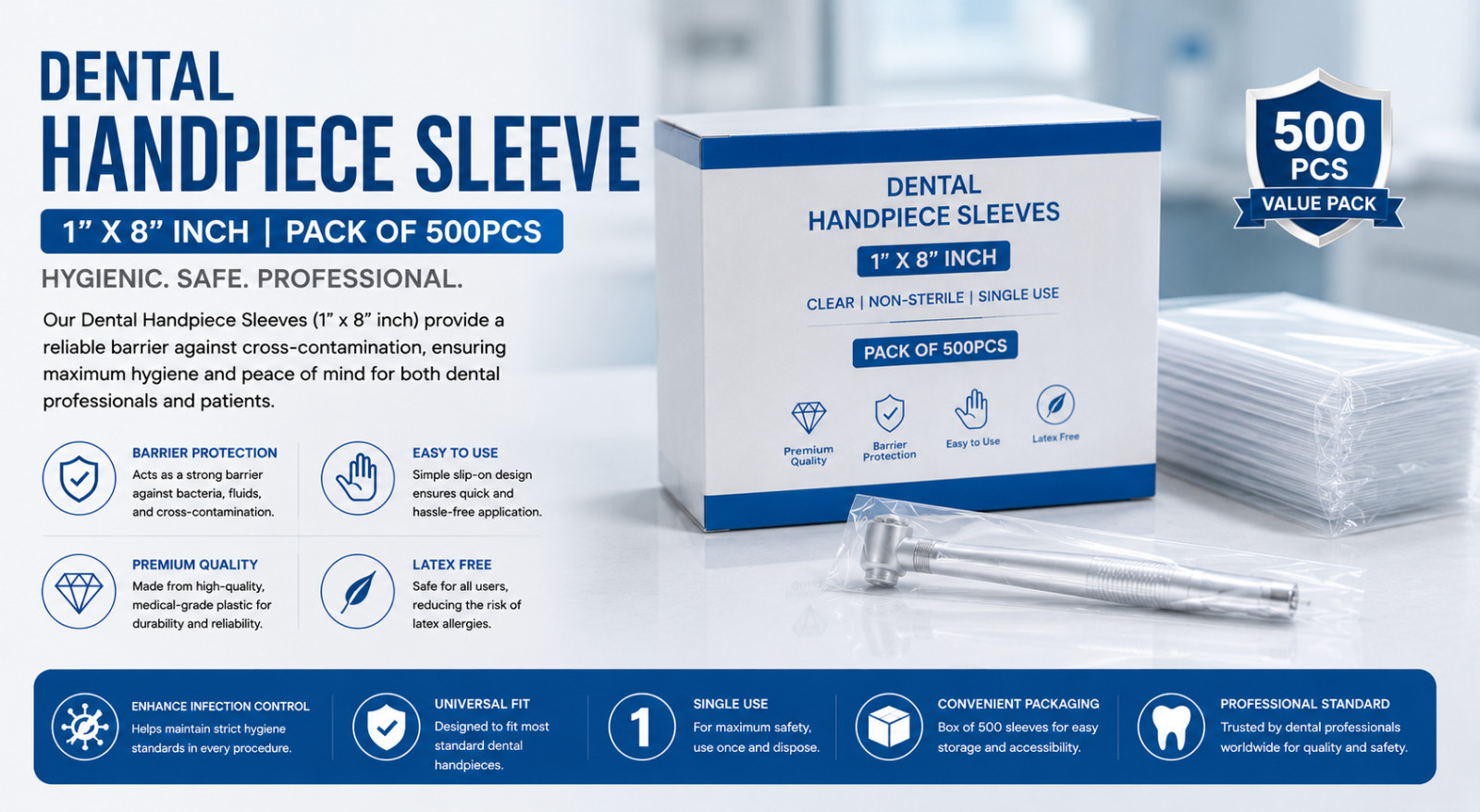 500pcs Dental Low/High Speed Handpiece Clear Cover Sleeves 1″x8″ Barrier