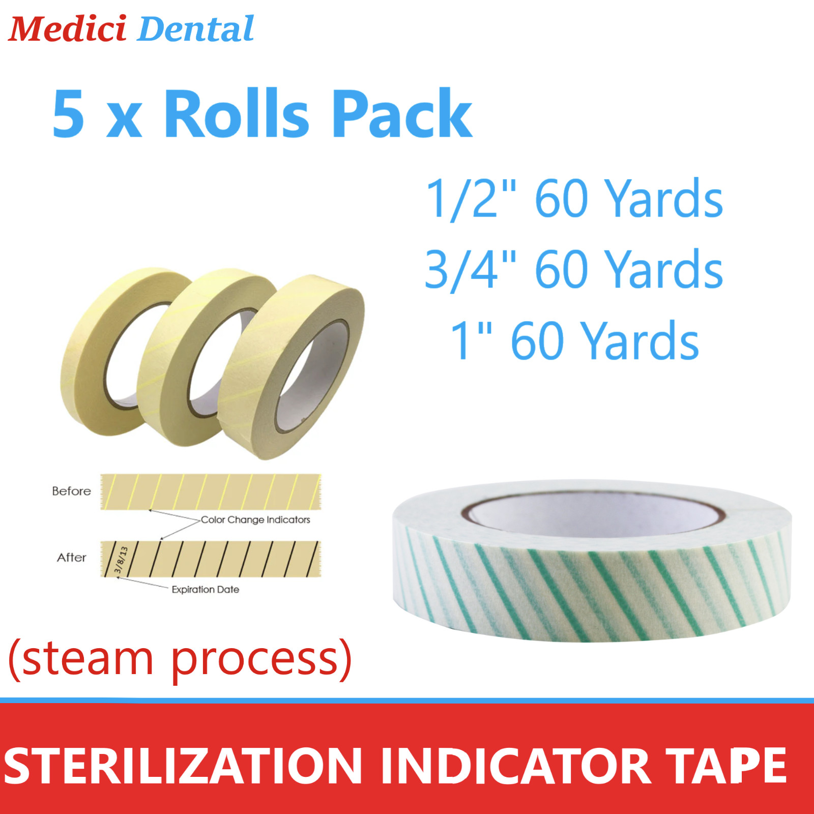 5 x Dental Autoclave Tape Sterilization Indicates Tape 1/2″ x 60Yd, 3/4″ x 60Yd