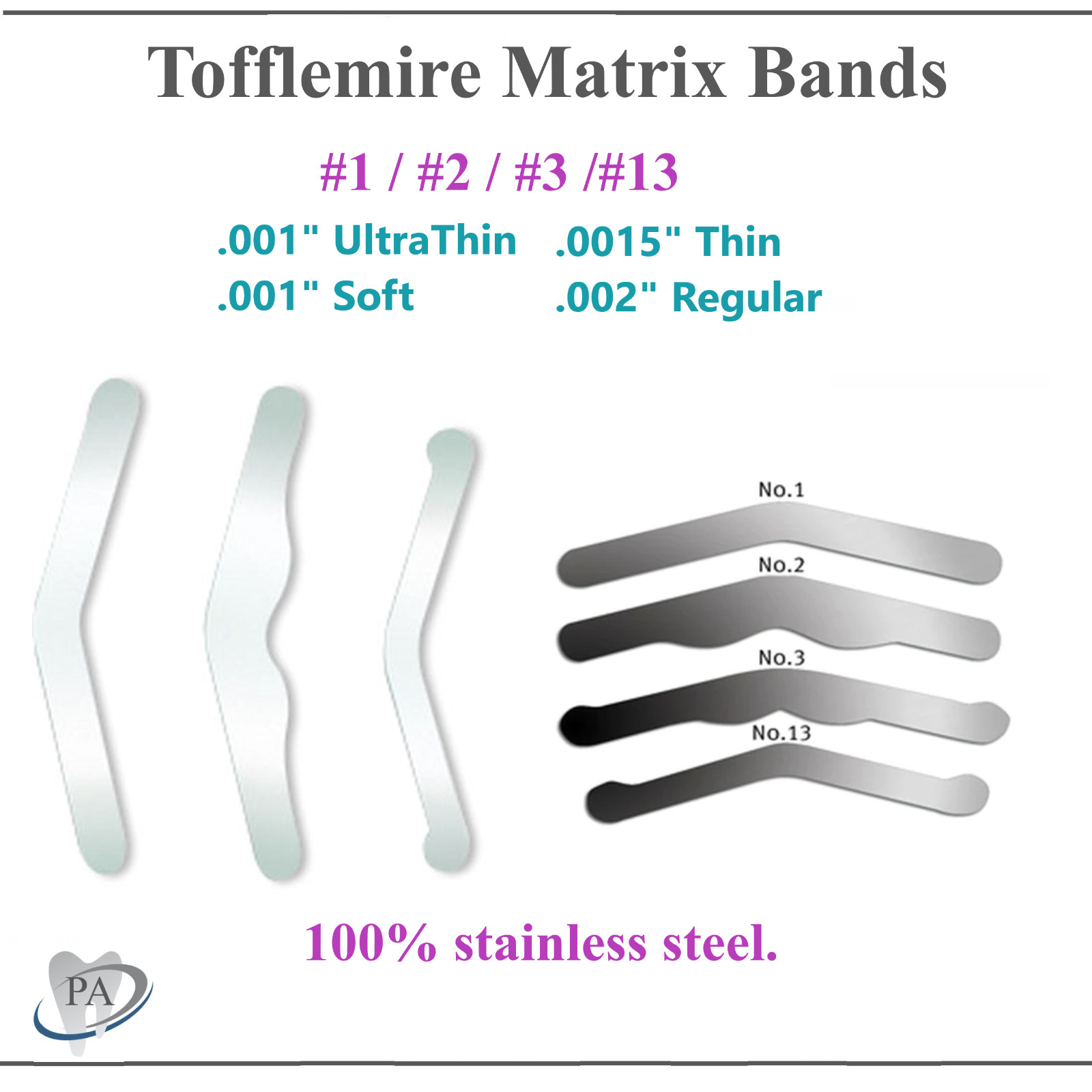 Dental Matrix Bands Tofflemire Type .001″ UltraThin, #1 Universal, Wide, Narrow