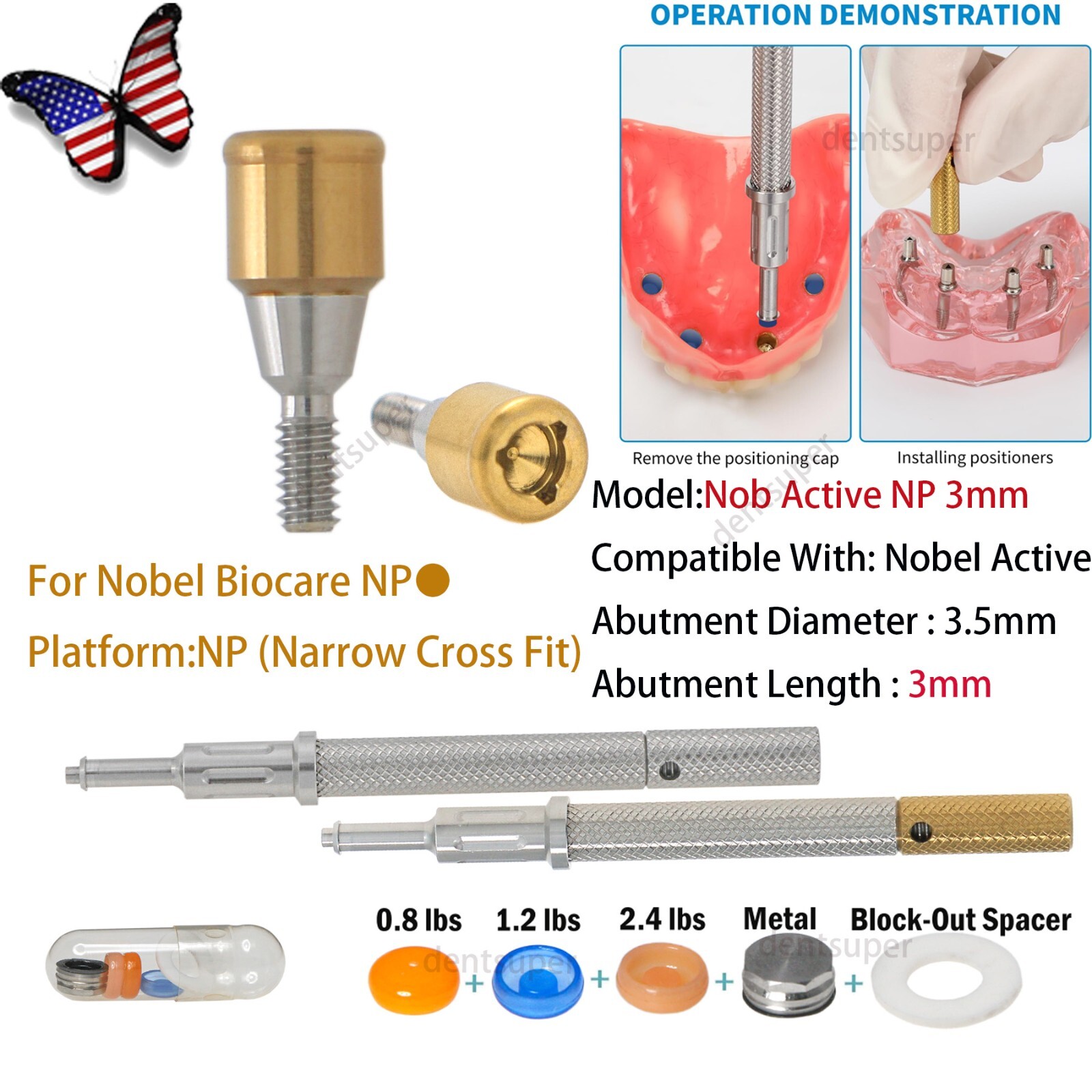 US Dental Nobel NPØ3.5mm 3mm L0cator Attachment Abutment Kit Male Caps Core Tool