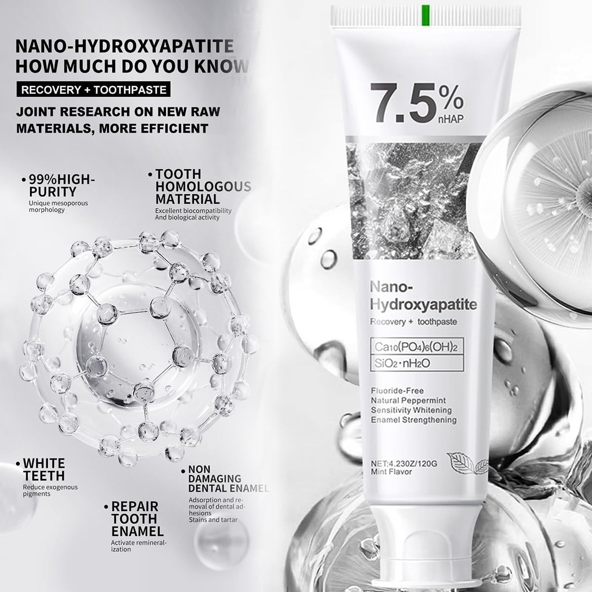 Hydroxyapatite Toothpaste 7.5% Sensitive Teeth Repair Mint 120g