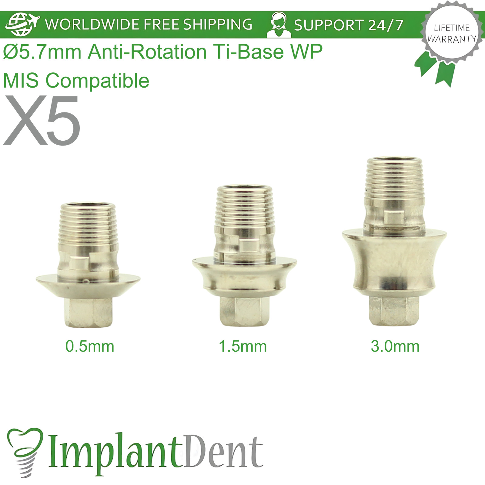 X5 Ø5.7mm Anti-Rotation Ti-Base WP MIS Compatible Int Hex 2.45mm Connection