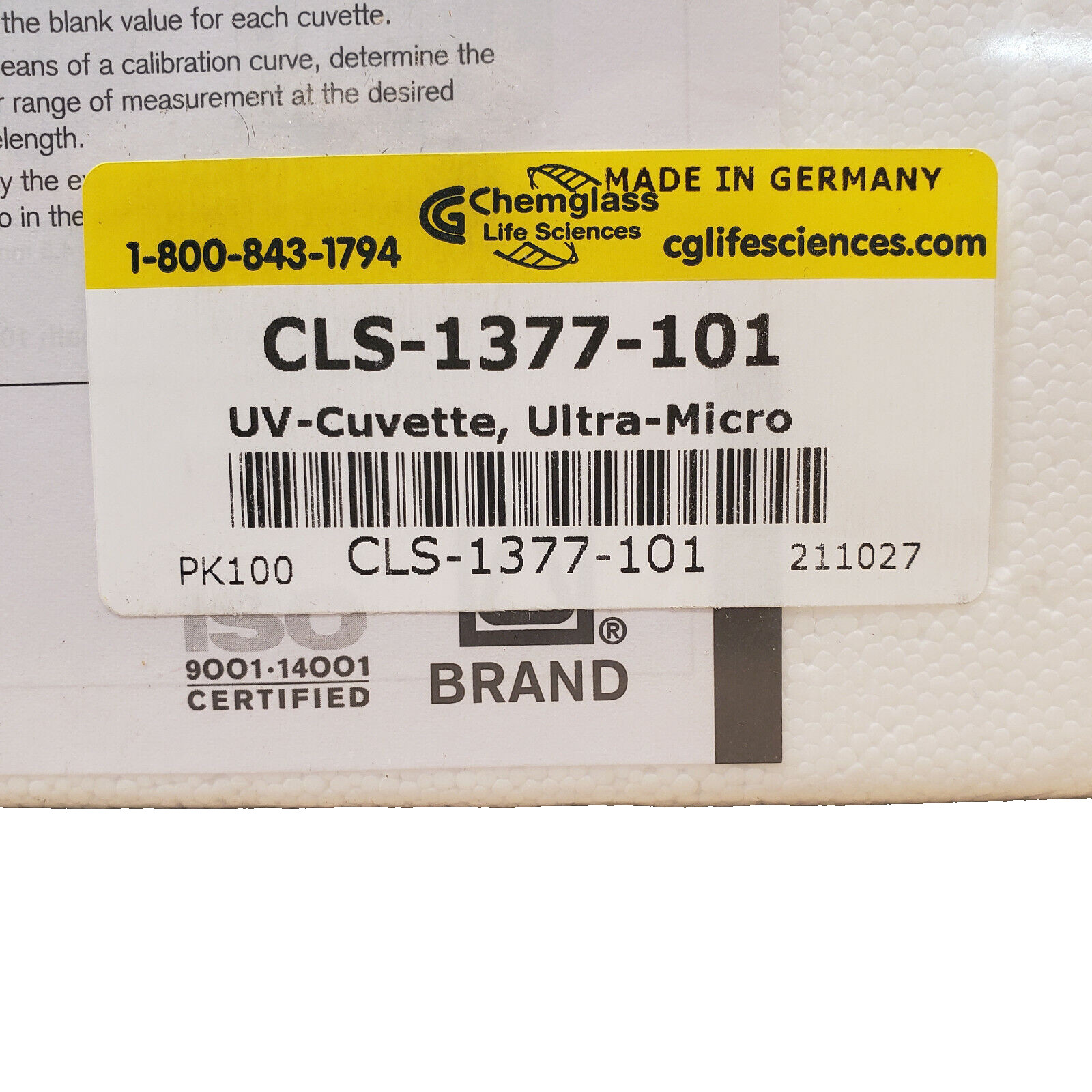 Chemglass BrandTech – CLS-1377-101 – CUVETTE-UV ULTRA-MICRO 15MM – (Pack of 100)