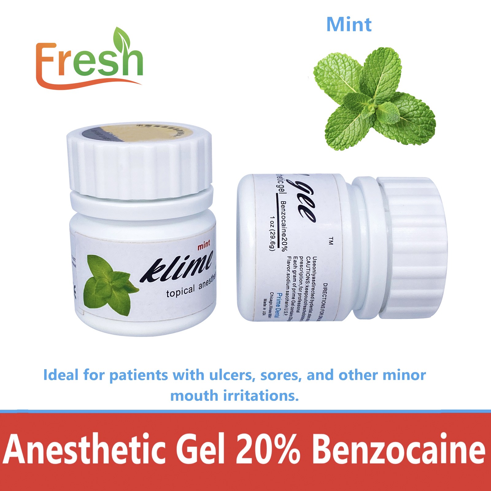 Fresh Dental Topical pain free Gel 20% Benzocaine 1oz Jar , Mint/Strawberry