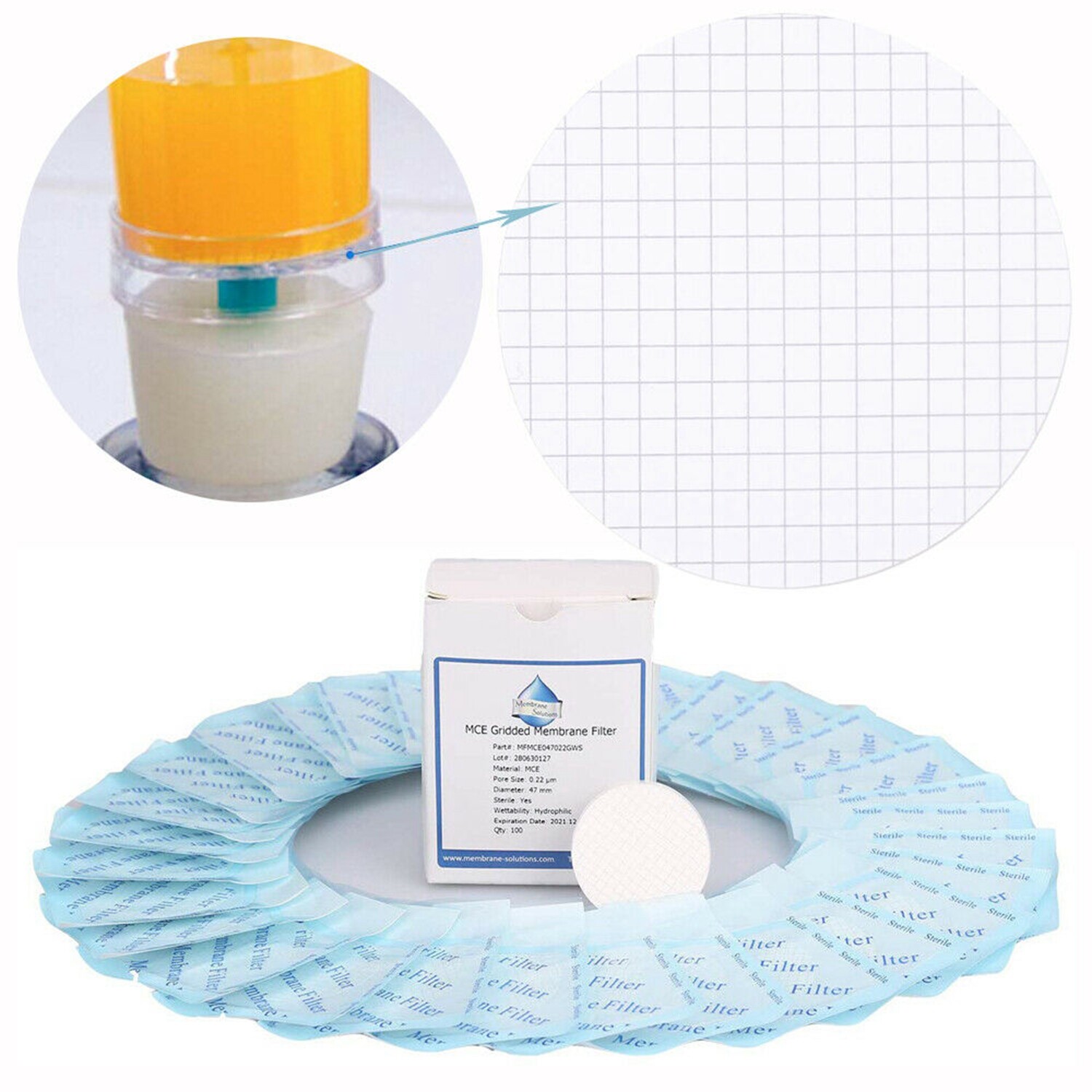 Sterile MCE Membrane Lab Filter Gridded 47mm 0.45 m Hydrophilic 100-1000pcs