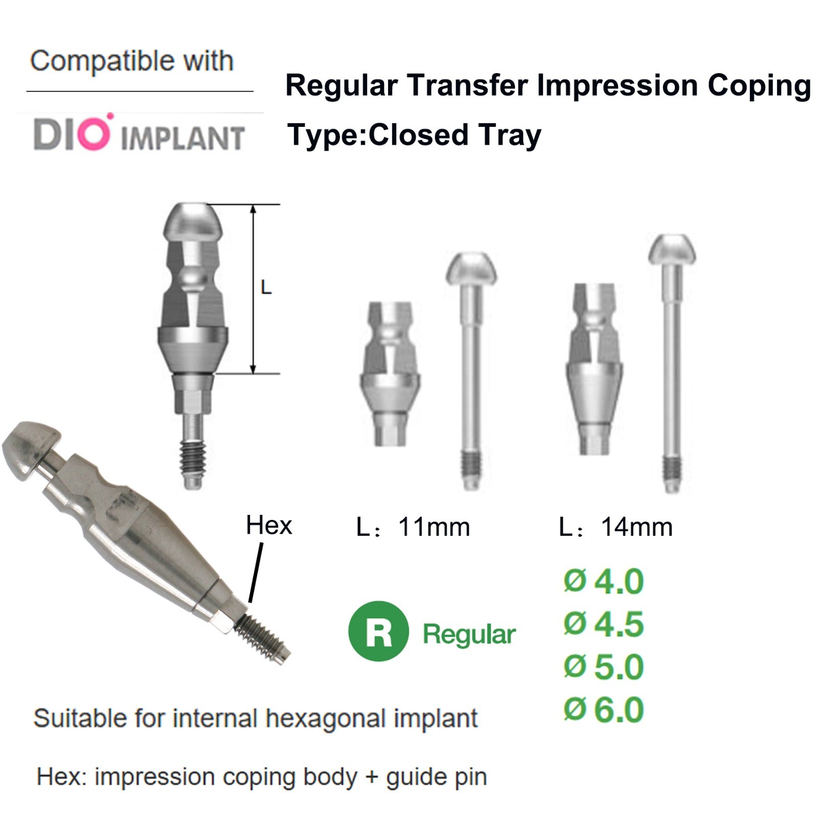 US DIO UFII Dental Regular Fixture Transfer Impression Coping Open Closed Tray