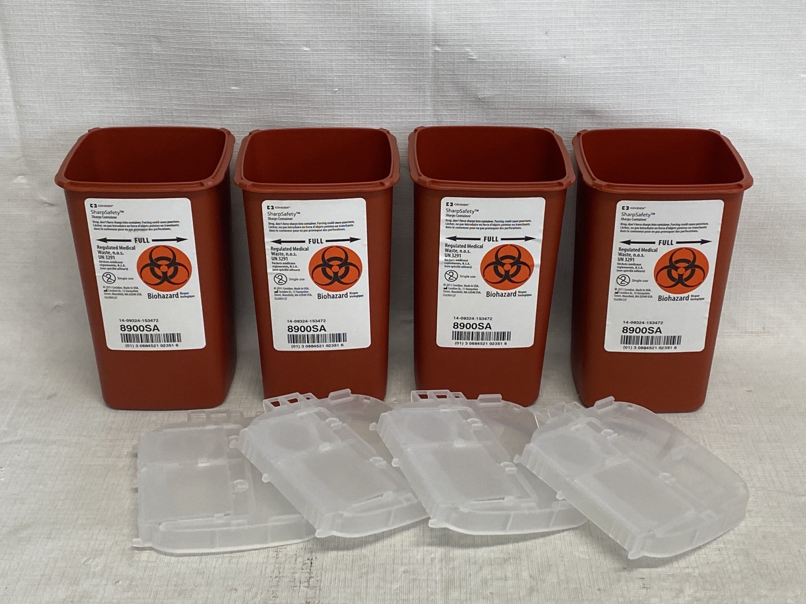 (4) COVIDIEN SharpSafety Red Sharps Containers 1-Quart w/ Clear Lid 8900SA