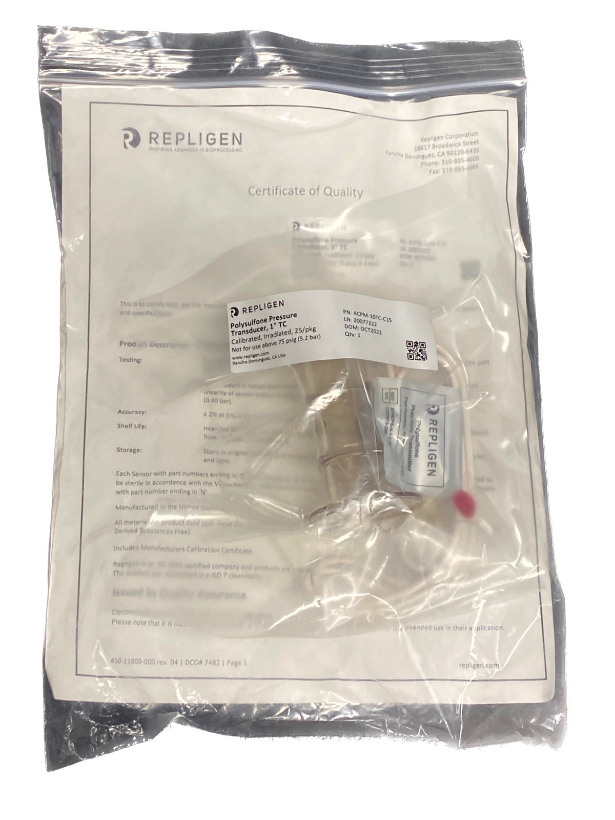 REPLIGEN Disposable Polysulfone Pressure Transducer 1” TC ACPM-10TC-C1S