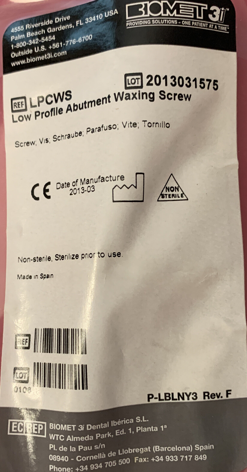 Biomet 3i Low Profile Abutment Waxing Screw LPCWS New Sealed