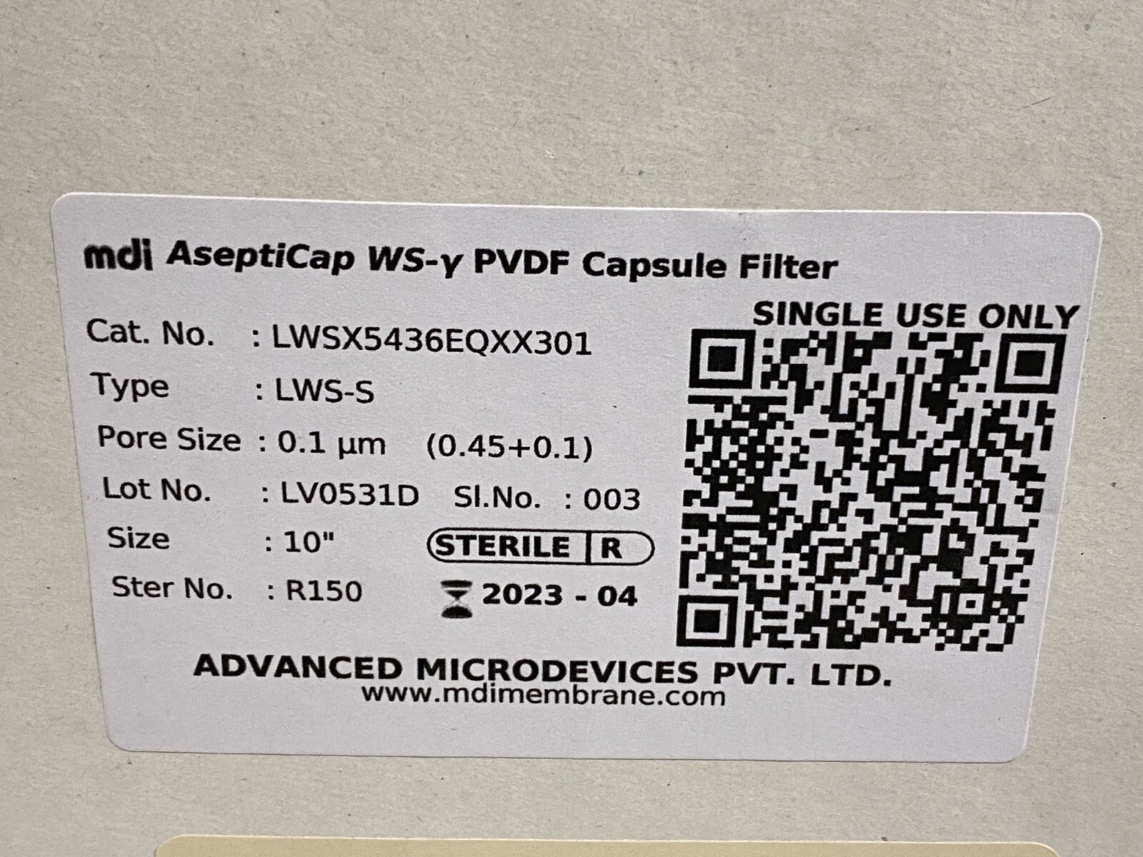 MDI LWS-S AseptiCap WS-y PVDF Capsule Filter 10” 0.1um LWSX5436EQXX301
