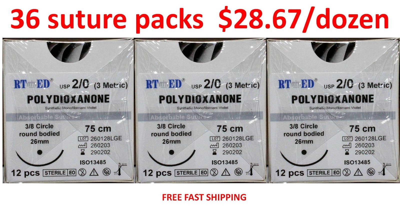 PDO/PDS suture 2-0. 75cm violet mono 26mm TAPER POINT needle 36 pks SHIPS FREE