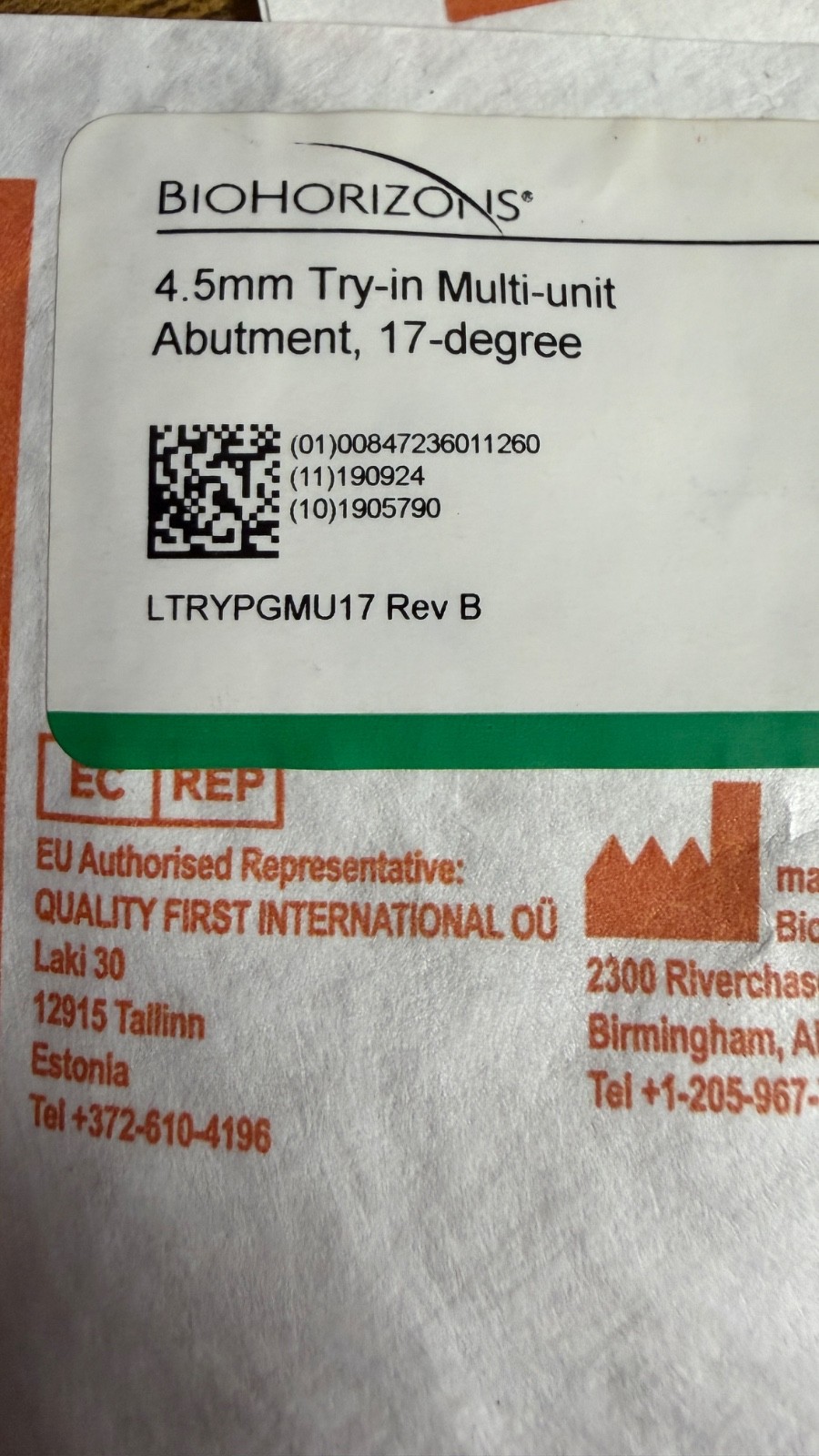 Biohorizons Dental Implant Multi Unit 17 degree angled Abutment Try in 4.5