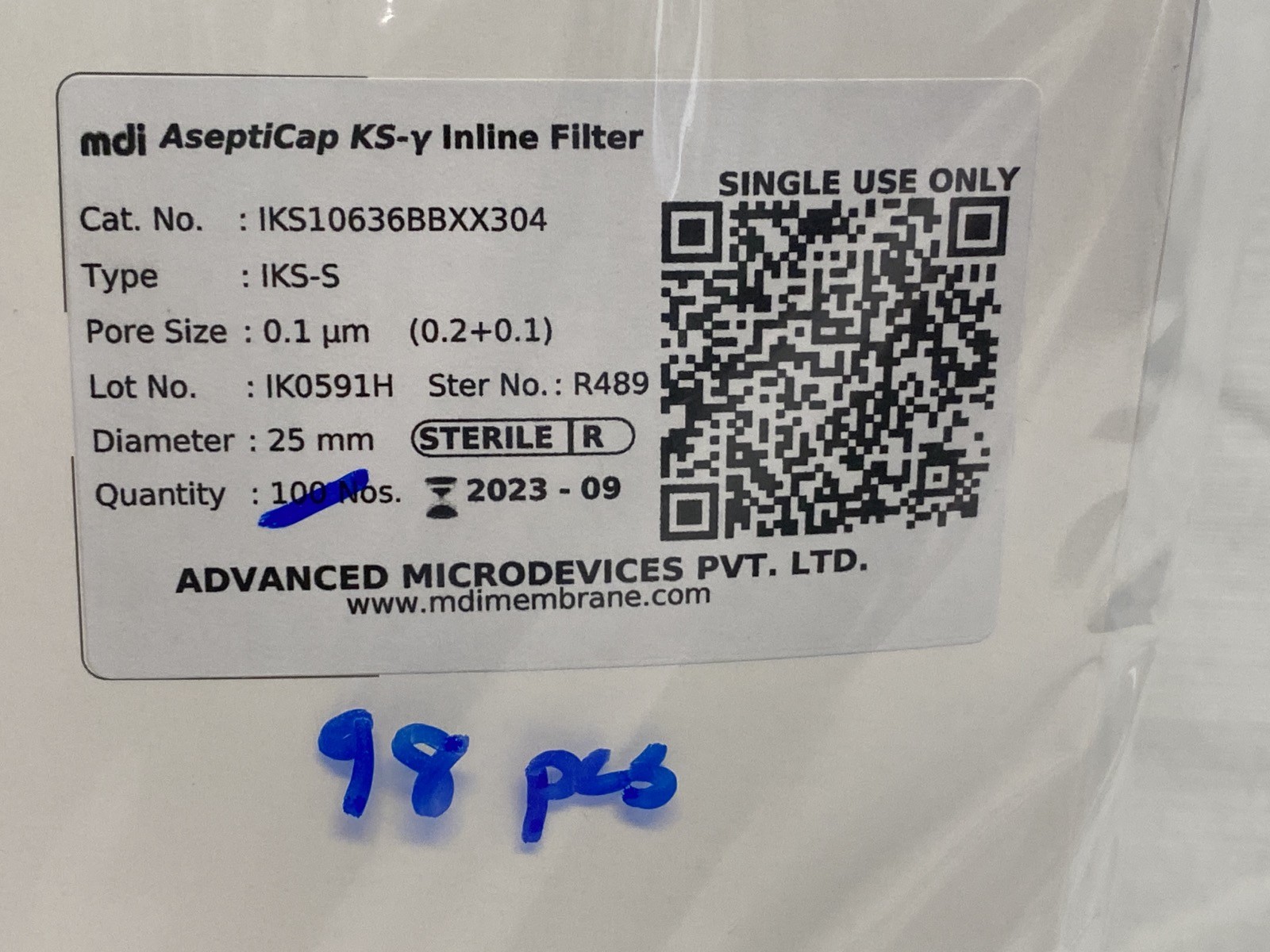 (98) Advanced Microdevices MDI AseptiCap KS-y Inline Filter 25mm IKS10636BBXX304