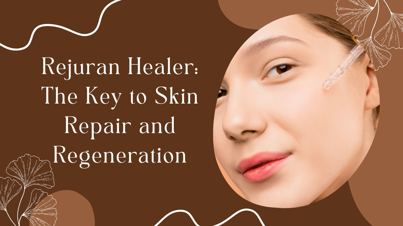 A promotional graphic showcasing the benefits of Rejuran Healer, highlighting its role in skin repair and regeneration. The image features a close-up of a woman's smooth, radiant skin with a dropper applying skincare treatment.