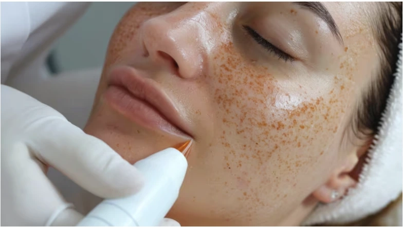 A woman receiving laser treatment for her melasma a type of skin discoloration the laser targets.