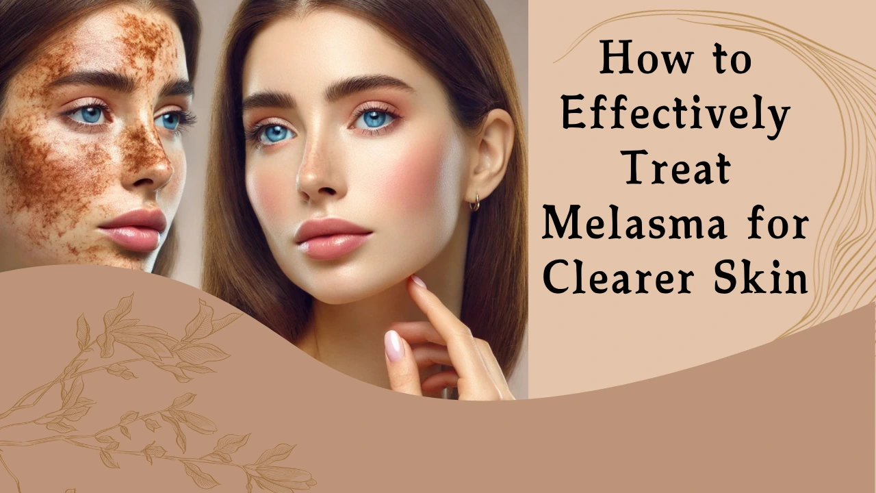 On the left side, a women has severe melasma with dark brown patches on her face, while on the right, she has clear, smooth skin. A mirror in the foreground reflects her melasma-affected side. The text overlay reads: 'How to effectively treat melasma for clearer skin.'